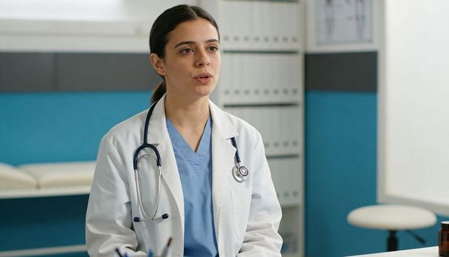 Female physician speaking during clinical consultation in modern examination room