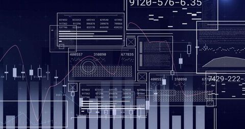 Neon financial dashboard displaying holographic UI, bar charts and candlestick graphs