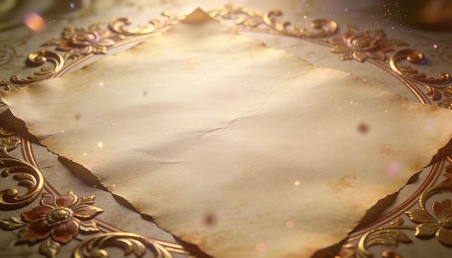 Aged parchment on ornate gilded filigree tray with vintage embossed medallion