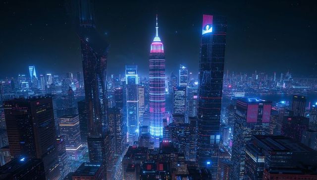 Dominating neon-lit tower illuminating futuristic downtown skyline at night