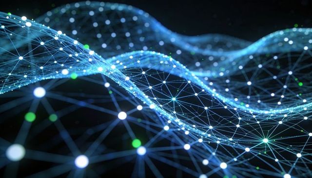Undulating neural network mesh flowing with glowing nodes and neon cyan-blue connections