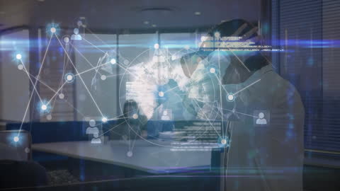 Man Using VR Headset with Connected Global Network Overlay