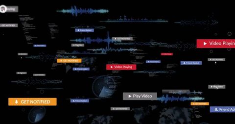 Floating HUD Interface Showing Notifications, Play Buttons and Waveform Data Visualizations