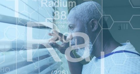 Senior Patient Contemplating with Chemical Formula Overlay