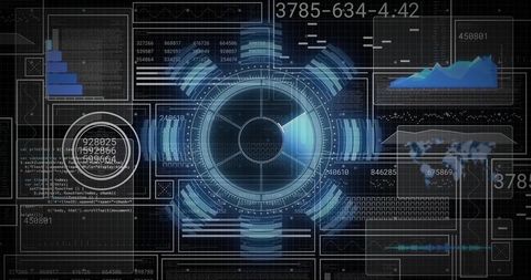 Futuristic Digital Interface with Central HUD and Data Analytics