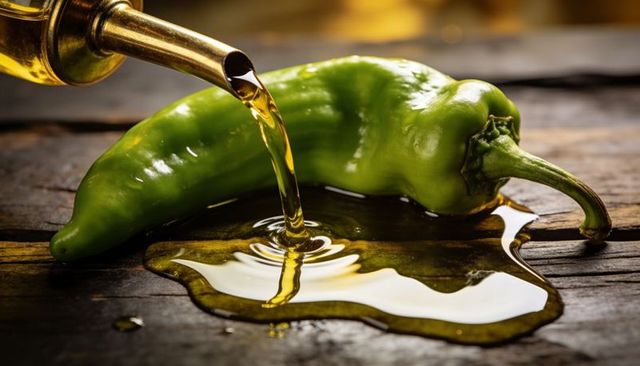 Pouring golden olive oil over glossy green chili pepper on rustic wooden board