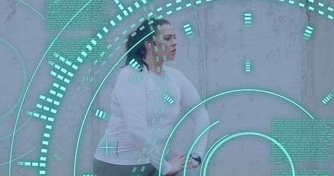 Plus Size Woman Exercising with Futuristic Digital Interface