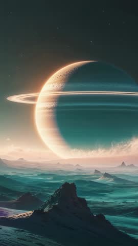 Vertical Sci-Fi Video Showing Ringed Gas Giant Rising Over Alien Dune Plain, Starfield
