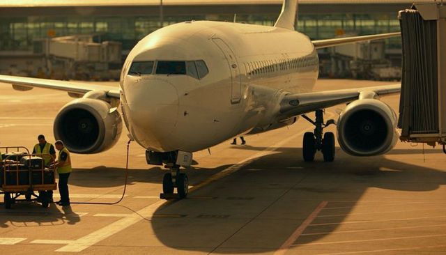 Sunlit commercial jet at gate with ground crew connecting power and loading baggage