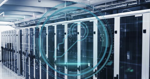 Stylized Key Icon Over Computer Servers in Data Center