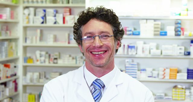 Portrait of pharmacist in laboratory coat at pharmacy 4k