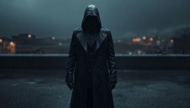 Mysterious Hooded Figure Standing on Rooftop in Rain