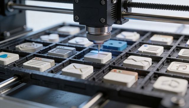 Precision laser engraving head curing embossed interface tiles on automated gantry grid
