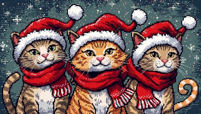 Pixel-art christmas cats wearing santa hats and knitted scarves retro holiday trio