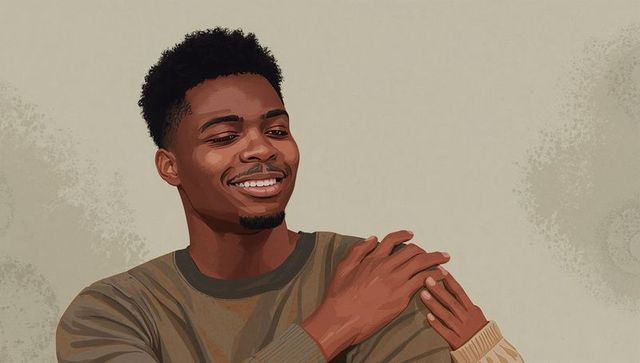 Smiling young man turning left with hand on shoulder, warm beige painterly portrait