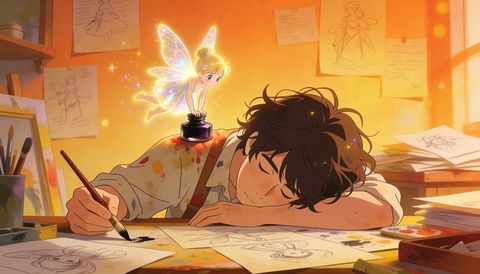 Sleeping young artist with fairy muse hovering over inkwell, bringing sketches to life