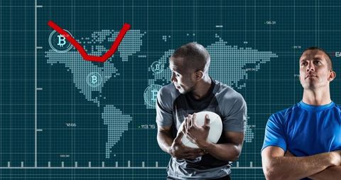 Rugby player with global technology concept background