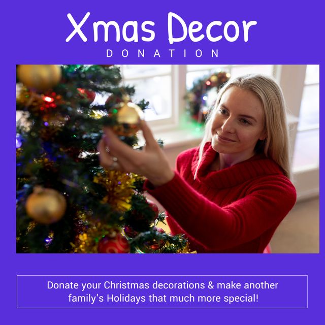 Square image of caucasian woman decorating christmas tree with christmas decor donation text. Christmas decor donation campaign.