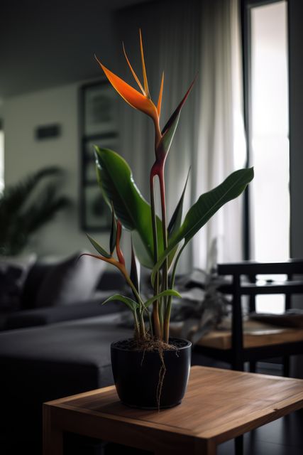 Bird of Paradise plant with vibrant orange and green leaves on a wooden table in a modern living room. Natural light filtering through curtains enhances the tranquil atmosphere. Ideal for articles, blogs, or content about home decor, indoor gardening, and modern interior design.