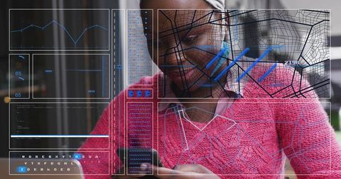 Black woman tapping smartphone with mapping hud overlay in cafe wearing pink sweater