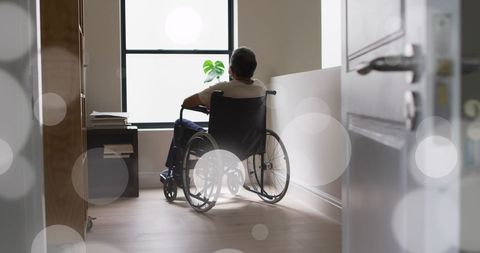 Senior Man in Wheelchair Looking Out Window with Light Flare - Download Free Stock Images Pikwizard.com