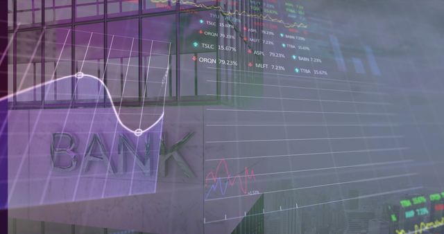 Financial Data Analysis Overlaid on Modern Bank Building - Download Free Stock Images Pikwizard.com