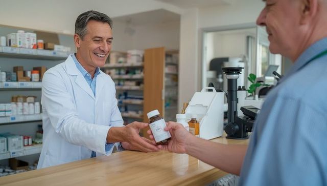 Smiling Pharmacist Handing Medication at Pharmacy Counter