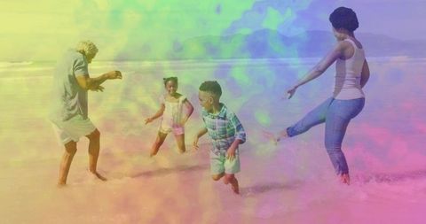 Vibrant Family Fun on Beach with Colorful Splash