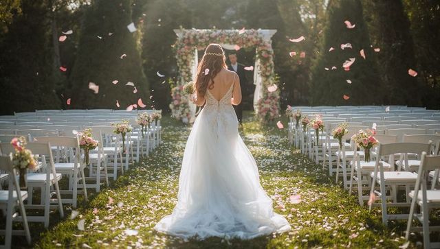 Bride walking down floral aisle at sunlit garden wedding with drifting rose petals