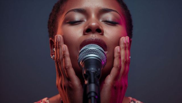 Soulful vocalist singing into microphone closeup, cupping face, pink purple rim light