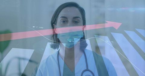 Clinician wearing surgical mask and stethoscope with upward healthcare analytics overlay
