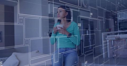 Mid-adult woman relaxing with modern user interface overlay at home