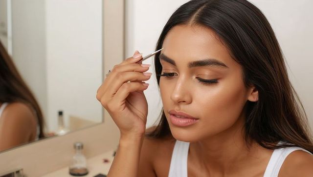 Young woman grooming eyebrows at vanity mirror tweezing beauty routine closeup