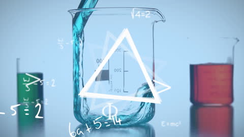 Mathematical Equations Overlay on Chemistry Beaker Experiment Scene
