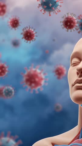 Vertical 3D medical animation showing anatomical bust with drifting coronavirus-like particles