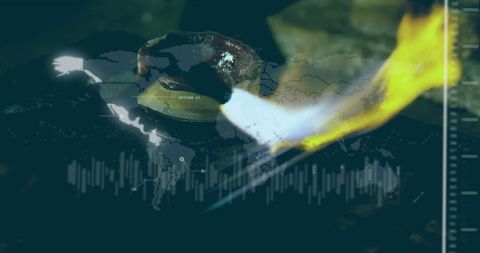Heating metal burner revealing blue core with yellow flame and global data map overlay