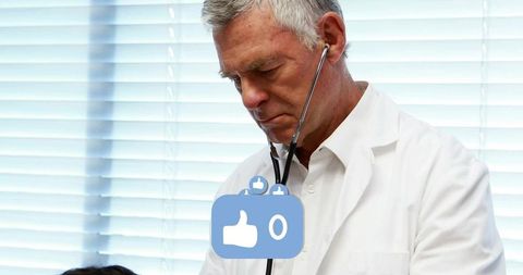 Senior Doctor Listening to Child with Stethoscope, Pediatric Heart Check with Like Overlay