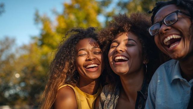 Sunlit friends laughing together during golden hour closeup portrait of carefree joy