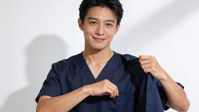 Young asian healthcare worker smiling holding open navy scrub top showing chest pocket