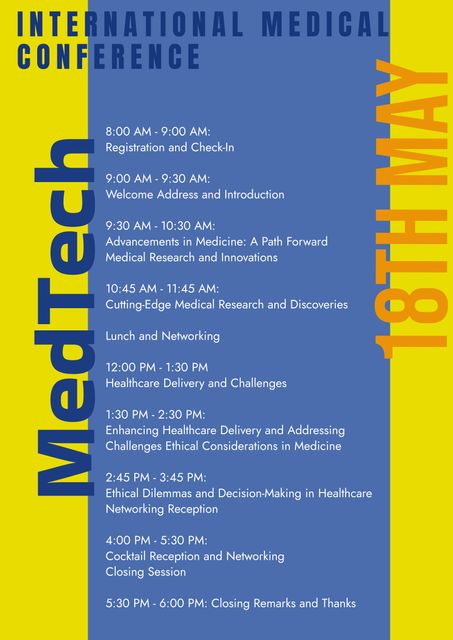 Detailed program schedule highlighting registration, keynotes, networking sessions, and educational discussions on medical research and innovations. Perfect for advertising medical conferences, symposiums, or professional healthcare gatherings.