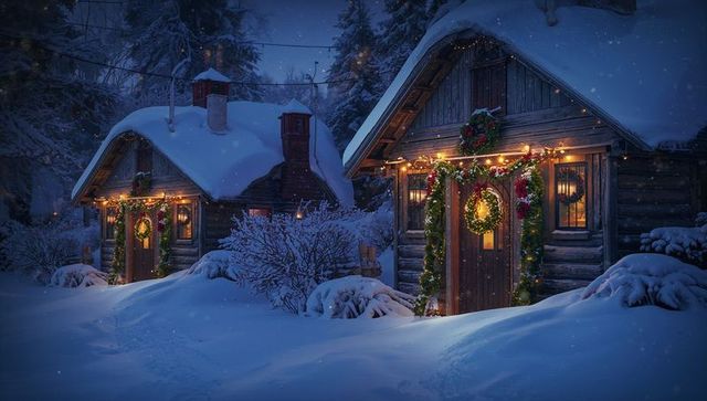 Charming Log Cabins with Festive Décor in Snowy Winter Landscape