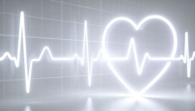 Glowing ecg line forming neon heart on gray grid background with reflective floor