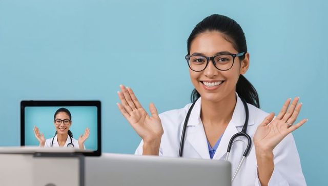 Smiling female physician waving during virtual consultation with laptop and tablet telemedicine