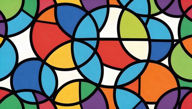 Bold geometric overlapping circles tessellation in bright color panels with black outlines