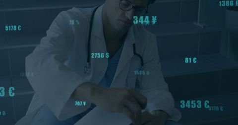 Doctor Analyzing Medical Data on Clinic Stairs