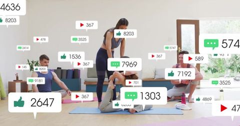 Instructor Assisting Student in Yoga with Social Media Engagement Overlays