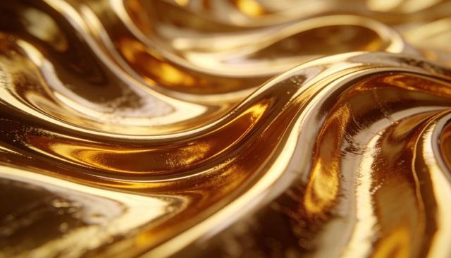 Liquid gold waves reflecting warm light with glossy ripples and metallic highlights