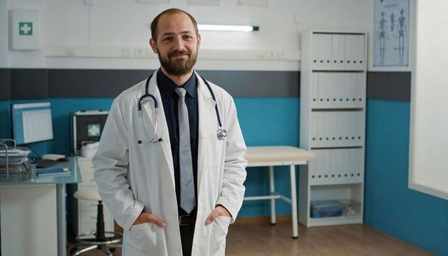 Smiling male doctor standing in modern clinic exam room wearing white coat and stethoscope