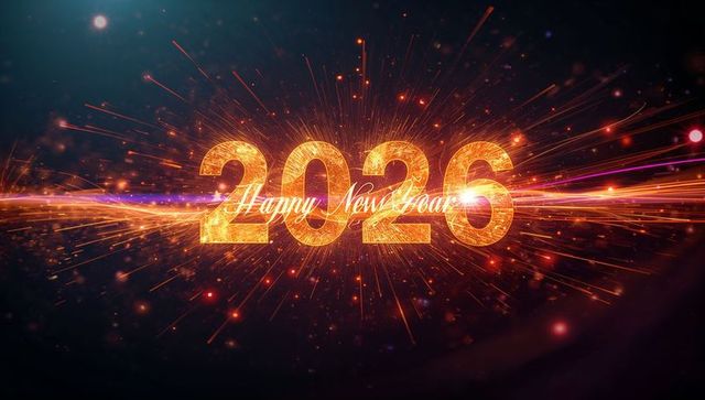 Glowing golden 2026 new year celebration with sparkling light trails and elegant script