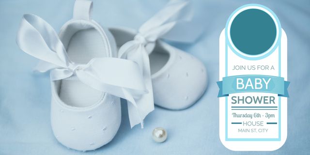 Close-Up of Baby Shoes on Blue Background with Baby Shower Invitation - Download Free Stock Templates Pikwizard.com